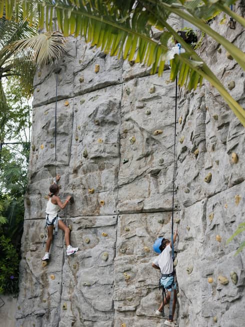 Two guests wearing helmets and climbing on a rock climbing wall.