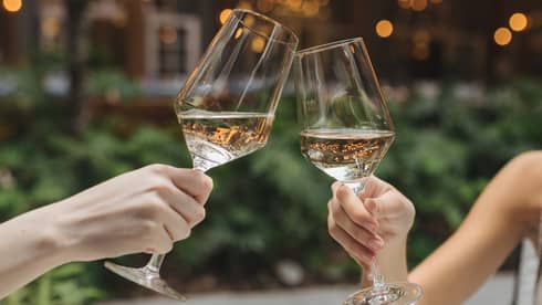 Two guests holding wine glasses, with plates of food on the table and lights in the background.