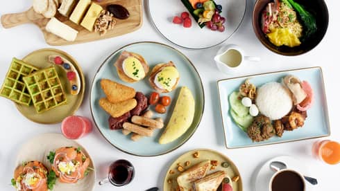 Breakfast spread at Curate including French toast, eggs royale, Nasi Lemak and other traditional dishes