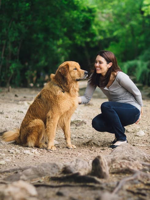 A woman petting a dog outside at a park trail.