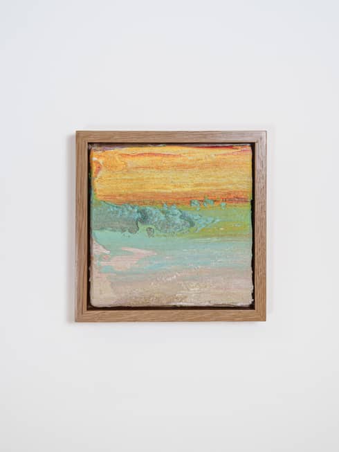 Square abstract painting using yellows, greens and blues