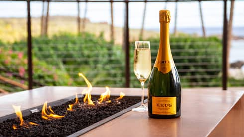 Bottle of Krug champagne sits on an outdoor table with built-in gas firepit in it
