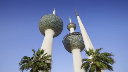 An upward angle of ornate white pillars next to palm trees