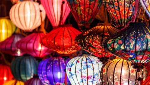 Fabric lanterns hanging in Hoi An Vietnam