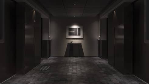 Dimly lit hallway with elevators on each side, wall hanging in the centre illuminated by a single spotlight