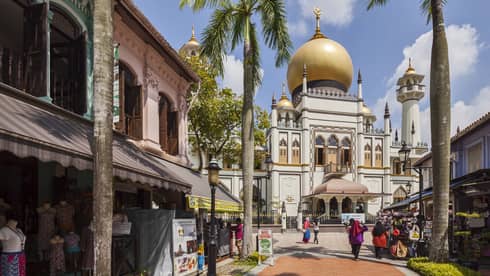 A red brick road, lined with shops and pedestrians, and palm trees that leads to a white and gold mosque in Singapore