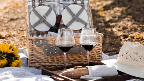 An open wicker picnic basket, two glasses of red wine and a baguette sit on a white blanket among rows of glowing vines.