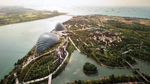 Aerial view of Singapore Gardens by the Bay trees, paths, glass domes by water 