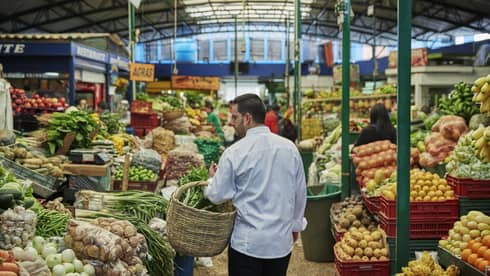 Back of man with beard carrying wicker basket through fruit market aisle, produce stacked on shelves