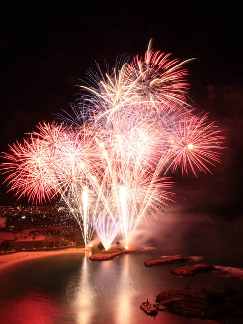 Red and yellow fireworks in a dark sky.