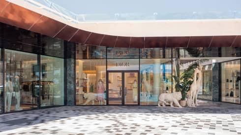 Exterior of glass-walled DIOR boutique with front door flanked by white lion statues