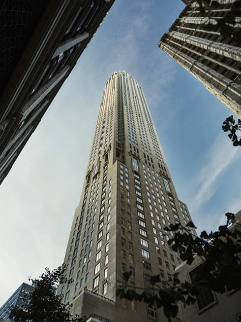 Looking up at tall New York skyscraper building
