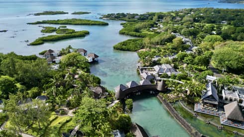 Aerial view of resort, waterways and ocean