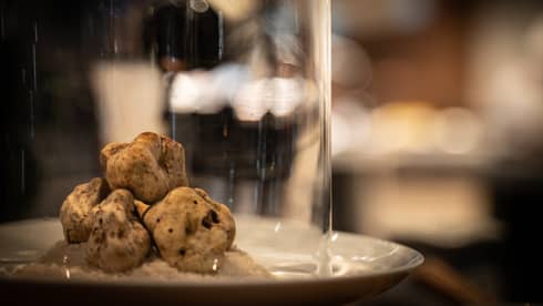 Three irregular truffles stacked on a white plate under a cloche