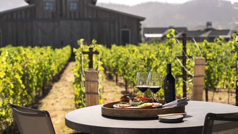 Two wine glasses with a plate of snacks on an outdoor dining table.