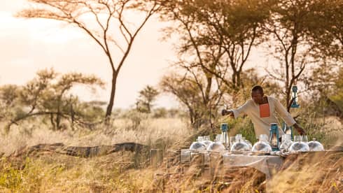 Hotel staff places lantern on long dining table with silver dome planets in grassy field