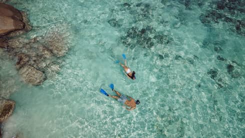 Aerial view of two snorkellers wearing blue flippers in an expanse of shallow, turquoise waters rippling over the reef.