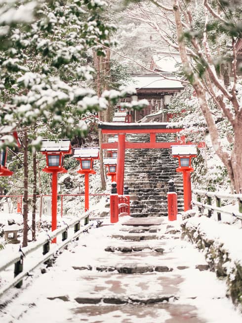 Snow covers the walkway in Fushimi Inari