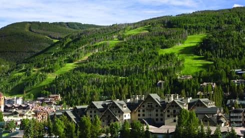 Green ski hills on mountain during summer, resort at bottom of hills