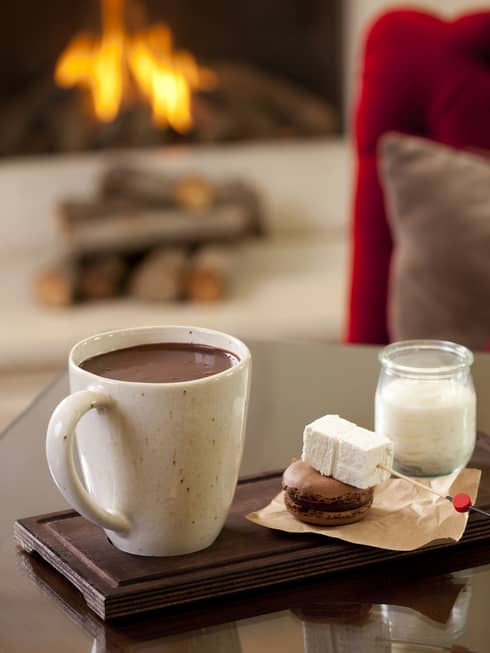 Hot chocolate in large mug beside marshmallow skewer, macaron