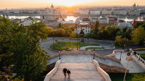View of Budapest at sunset from atop steps of the hotel