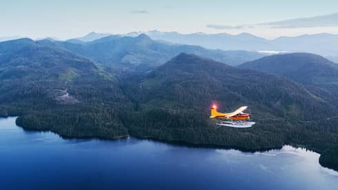 Sea plane flies above the coastline