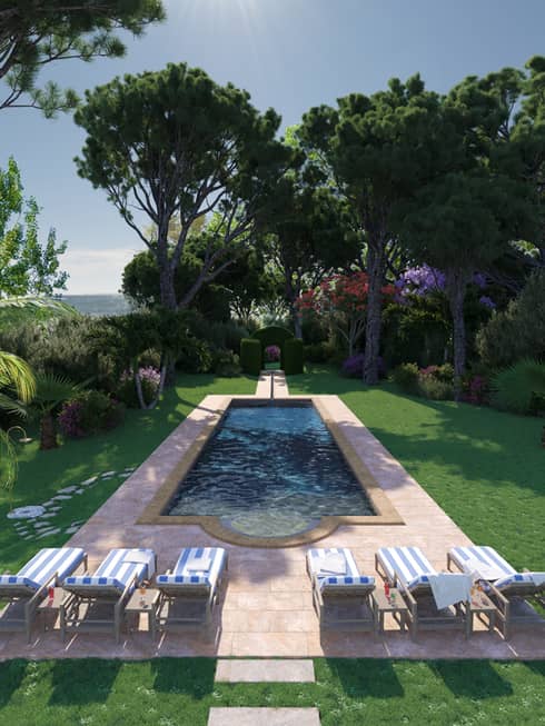 Pool with six blue and white striped lounge chairs, shade from trees; the sea visible in the background