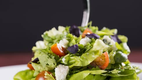 Mixed green salad piled high with fork inserted