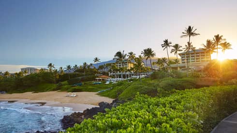 Four Seasons resort and beachfront at sunset, looking over ocean through lush green plants