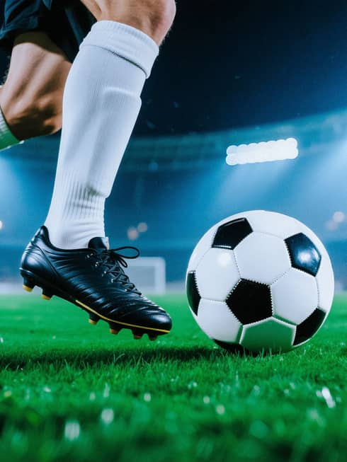 Up-close image of a player dribbling a soccer ball