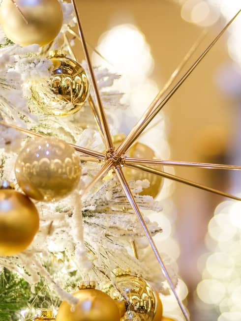 Close up of gold Christmas ornaments in the shape of a sphere and needles.