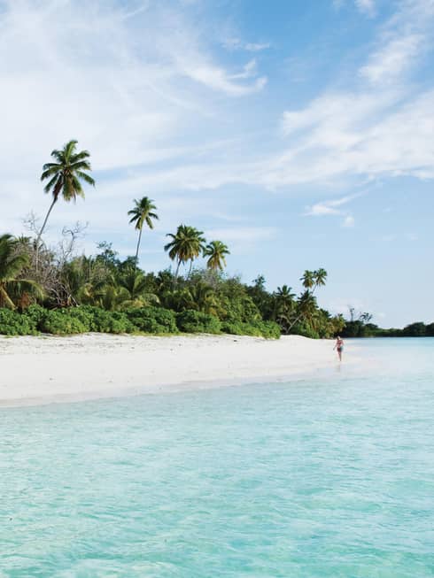 Person visible at end of long white sand beach in Seychelles Desroches, turquoise waters and tall palm trees