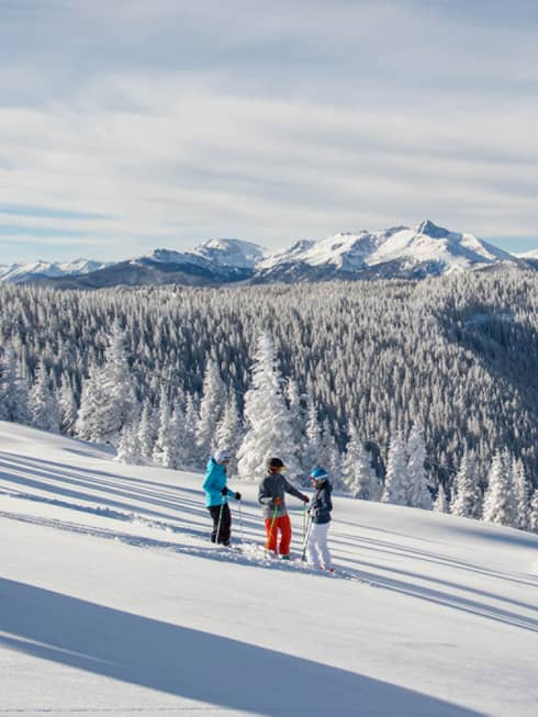 Three guests on skis pause on the ski hill, snow capped trees and mountains in distance 