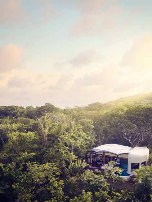 A bungalow-style luxury camping tent at Naviva, a Four Seasons Resort at Punta Mita, within a lush forest, featuring a plunge pool and expansive deck