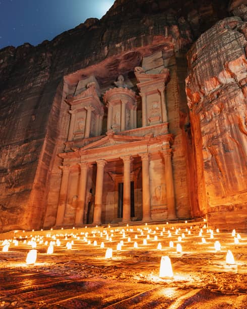 Lantern lit at night at treasury ancient architecture in canyon, Petra in Jordan