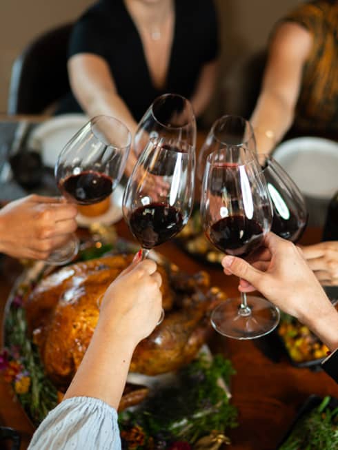 Six arms extend toward the middle of the table to toast over a meal, each holding a glass of red wine