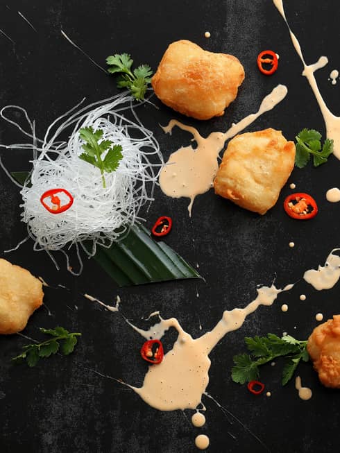 Opus Lounge - Crispy Fried Sole Fish, Spicy Chili Dressing, Coriander-glass Noodle Salad