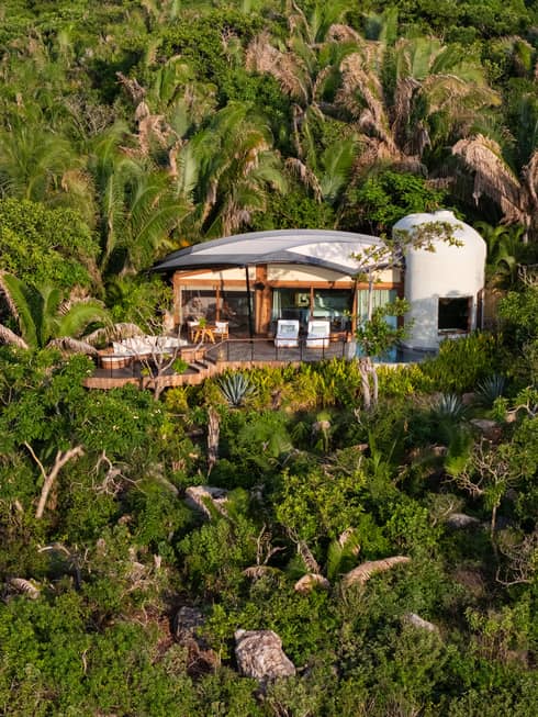 Luxury resort bungalow nestled in jungle foliage