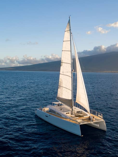 Catamaran sailing on the open water against a mountain backdrop