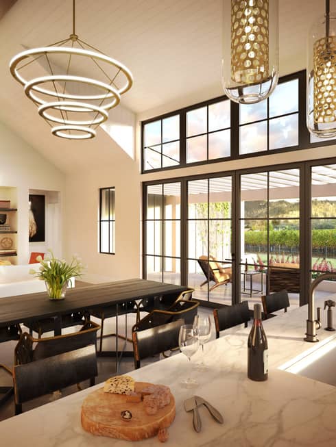 Modern lights, chandeliers over dining table, modern kitchen counter with cheese board, wine