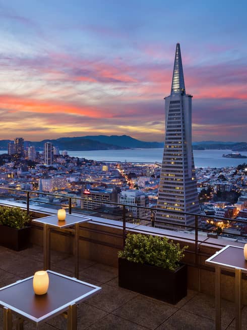 The sunset view over San Francisco from Four Seasons Hotel San Francisco at Embarcadero