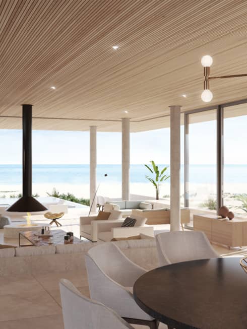 Bright, modern living room with tile floors, sunken living room, floor-to-ceiling windows overlooking beach