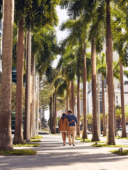 A couple holding hands while walking down a palm-lined pathway at the Four Seasons Hotel in Miami. The scene is bathed in sunlight, with tall palm trees on either side, casting long shadows on the pavement, and modern high-rise buildings visible in the background.