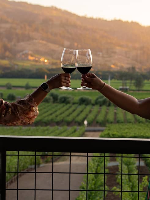 Two guests standing on a balcony overlooking a vineyard and holding their wine glasses in the air