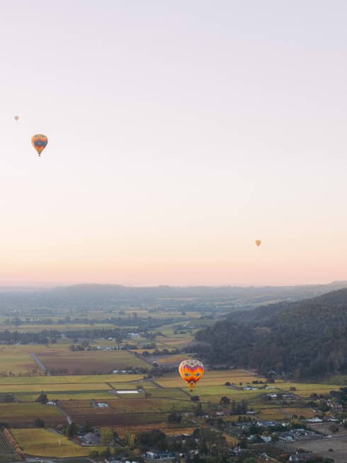 Six hot air balloons float in the air above Napa Valley