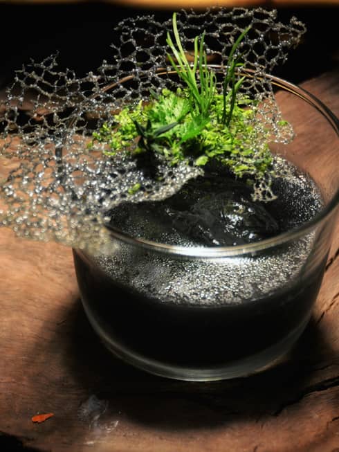 a beverage sits on driftwood decor