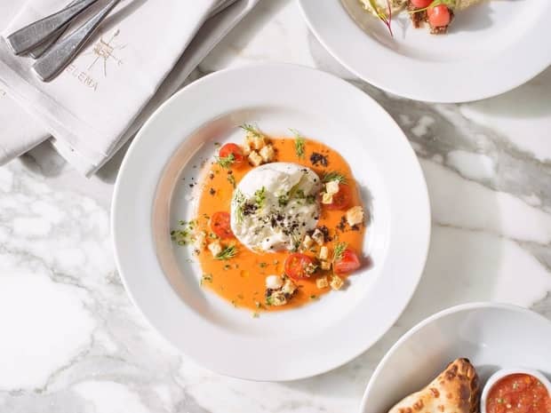 Aerial view of white plate with soft cheese in orange sauce, herb garnish