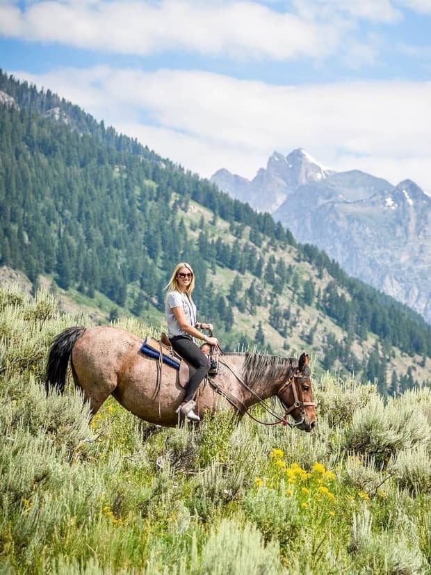 Person riding a horse down a steep mountain valley with pine-covered slopes and snow-capped peaks in the background