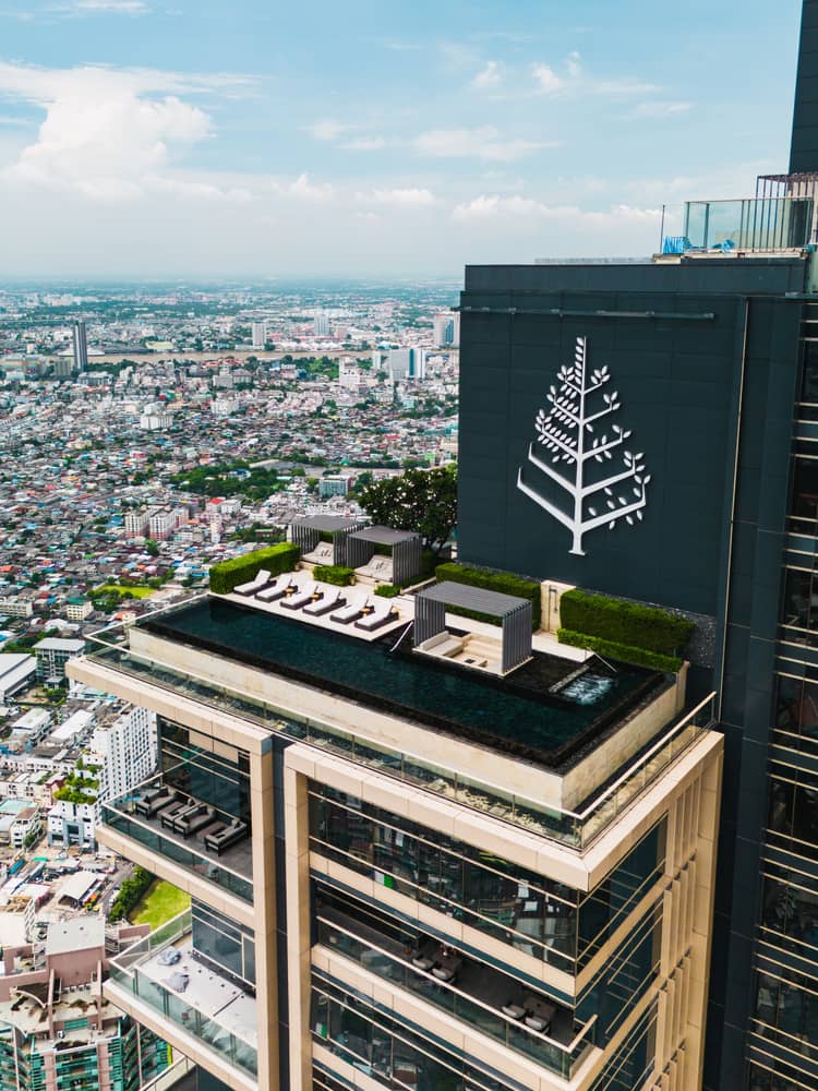 Aerial view of the rooftop pool and surrounding cityscape