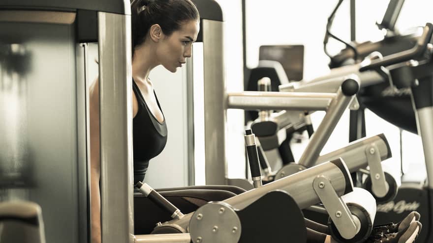 The gym at Four Seasons Hotel Kuala Lumpur features a variety of weight-training equipment